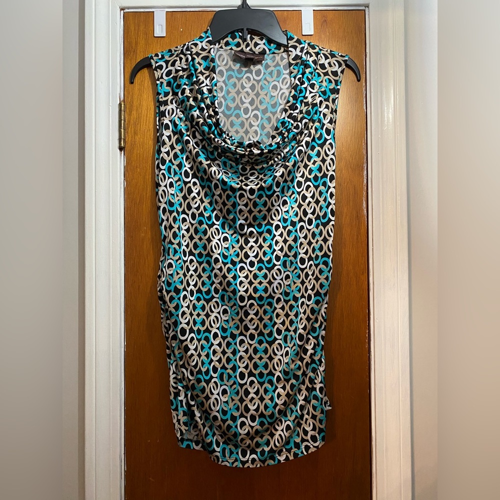 Small, sleeveless blouse - teal, tan & black